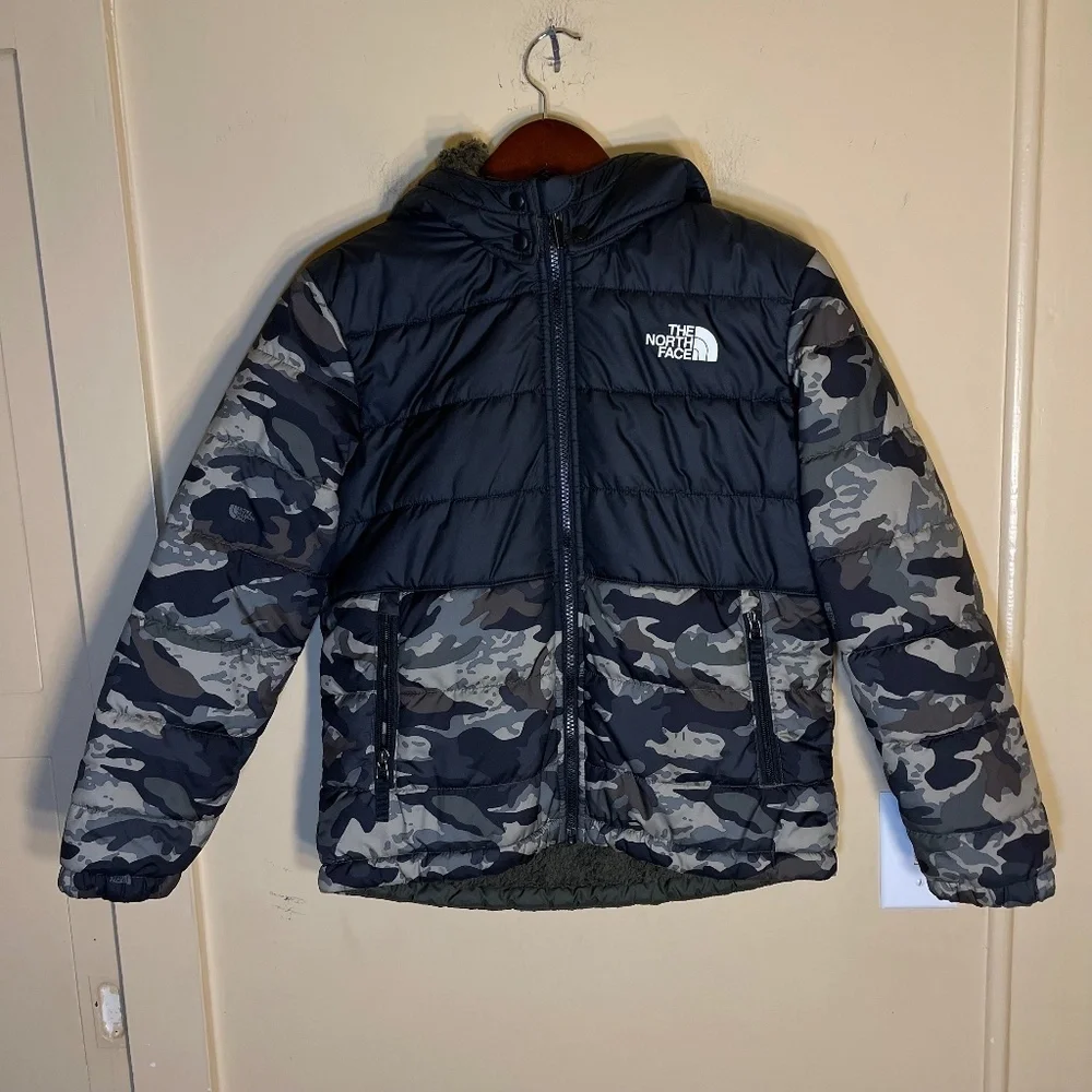 The North Face Black and Gray Camo Hooded Puffer